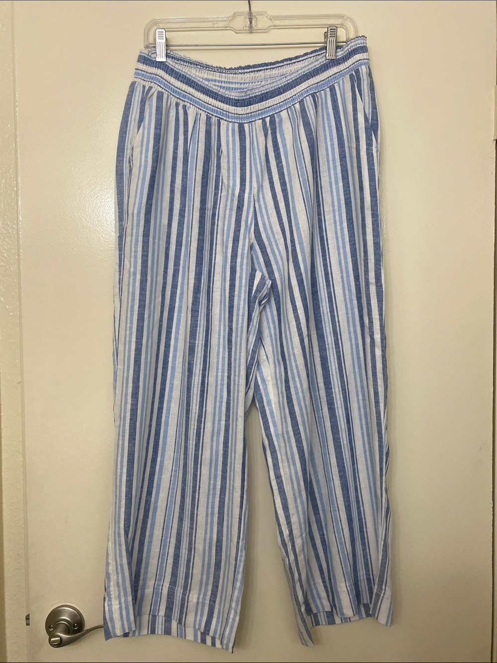 Blue and White Striped Elastic-Waist Linen Blend Pants - Picture 2 of 5
